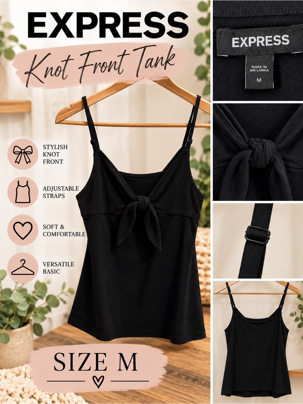 Express Black Knot Front Cami Tank Top Adjustable Straps M